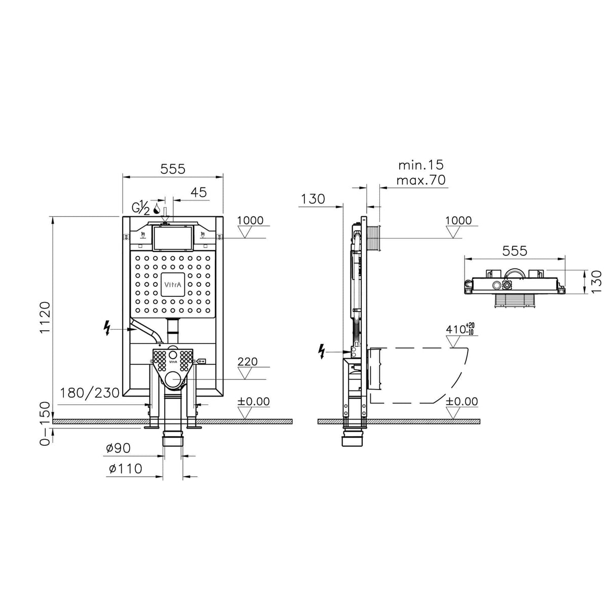 VitrA Wall Hung WC Frame VitrA V-Fix Prime Slim Wall Hung Toilet Frame and 80mm 3/6 Litre Concealed Cistern with Floor Fixation and Electrical Connection