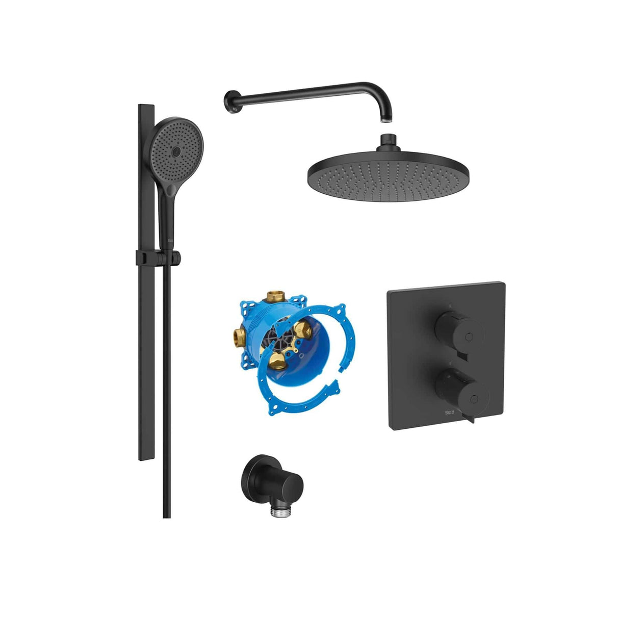 Roca Concealed Shower Set Matt Black Roca T-500 Square Thermostatic Concealed Shower Valve with Rainshower Head, Shower Handset and Slide Rail Set