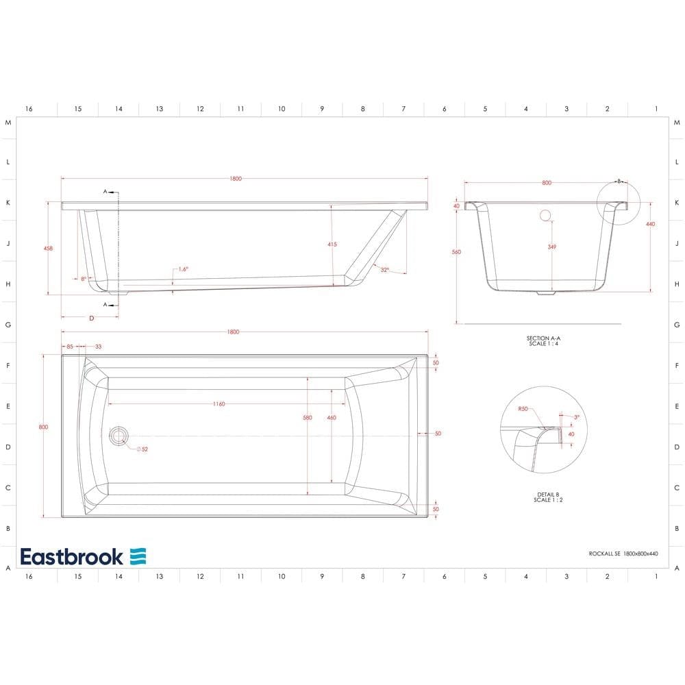 Eastbrook Single Ended Bath 1800 x 800mm / 5mm Eastbrook Rockall Single Ended Bath