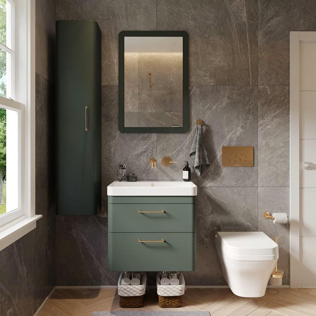 Saneux Mirrored Cabinet Saneux Hyde Recessed Electric Mirror Cabinet With Light and Demister - 550mm Wide - Left Hand Hinge - Matte Sage