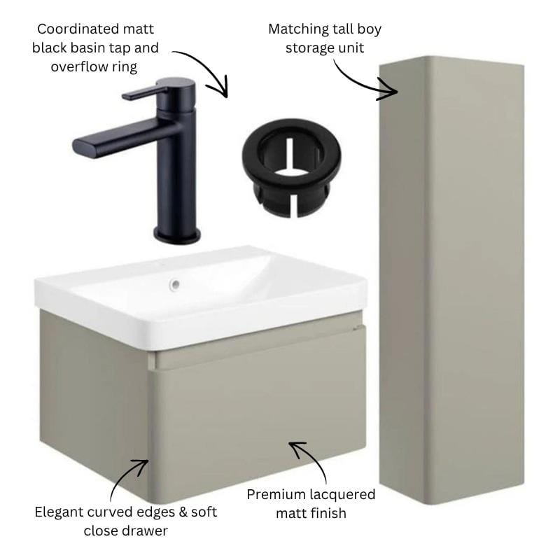 Aquarius Bathrooms Wall Mounted Vanity Unit Aquarius Sophie 605mm Wall Hung Vanity Unit, Tall Boy Storage Unit, Tap and Fittings Bundle
