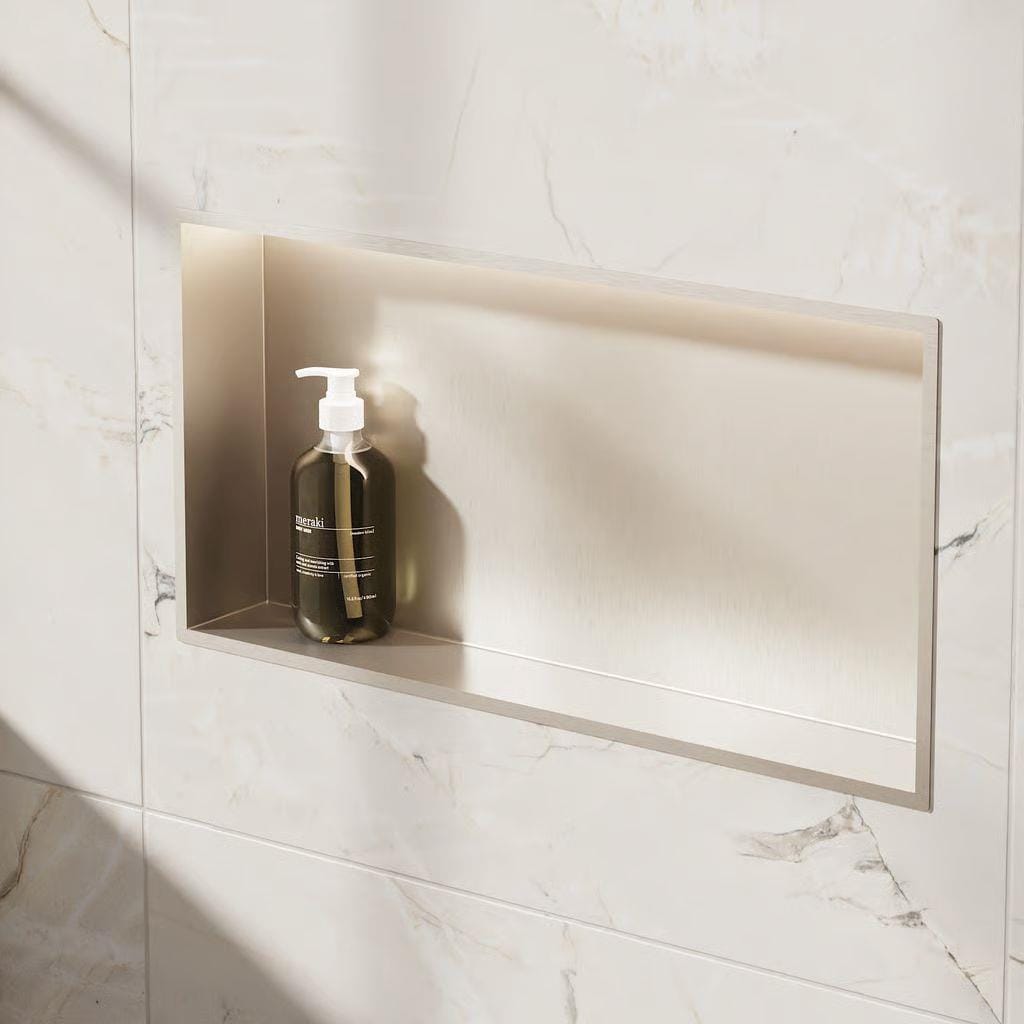 Crosswater Shower Niche Brushed Nickel Crosswater Rectangular Shower Niche with LED - 610 x 305 x 80mm for Stud Walls
