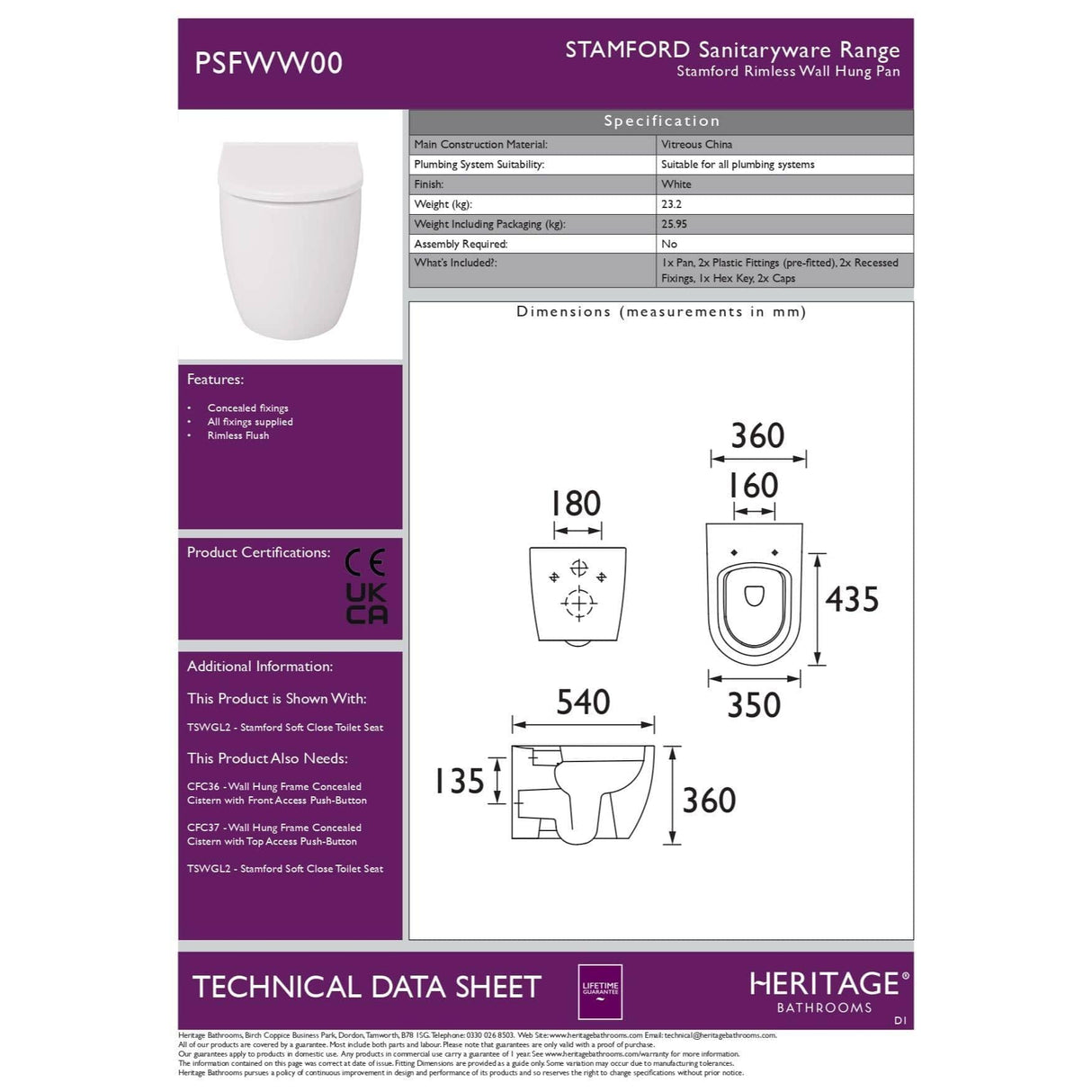 Heritage Wall Hung Toilet Heritage Stamford Rimless Wall Hung Toilet with Soft Close Seat