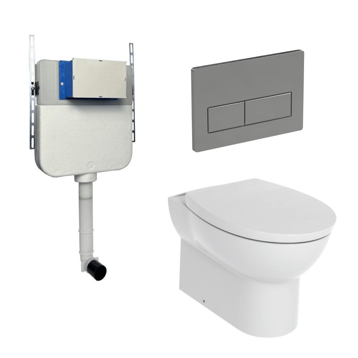 Aquarius Bathrooms Back To Wall Toilet Chrome / Square Aquarius Urbano Rimless Back to Wall Toilet Pack with Cistern, Flush Plate, Soft Closing Seat and Hinge Covers
