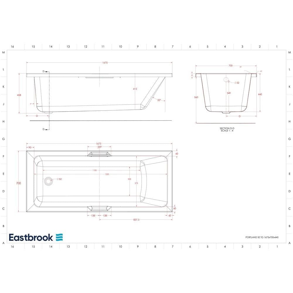 Eastbrook Single Ended Bath 1675 x 700mm / Reinforced Eastbrook Portland Single Ended Bath with Twin Grips