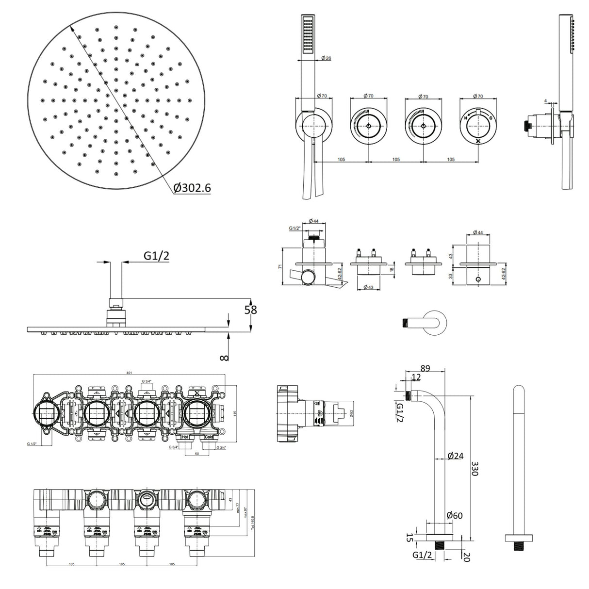 UK Bathroom Store Concealed Shower Set Crosswater Module Shower Set 8 - 2 Outlet with Pencil Handset and Overhead Shower
