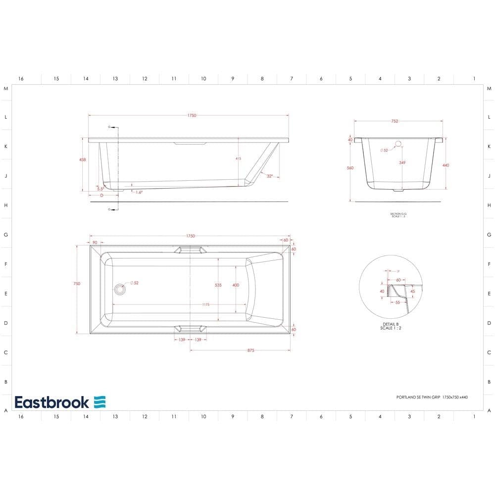 Eastbrook Single Ended Bath 1750 x 750mm / Reinforced Eastbrook Portland Single Ended Bath with Twin Grips