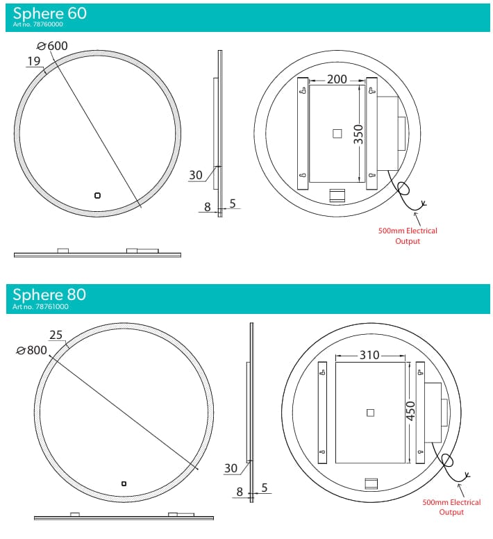 HiB Illuminated Mirror HiB Sphere Round LED Illuminated Mirror