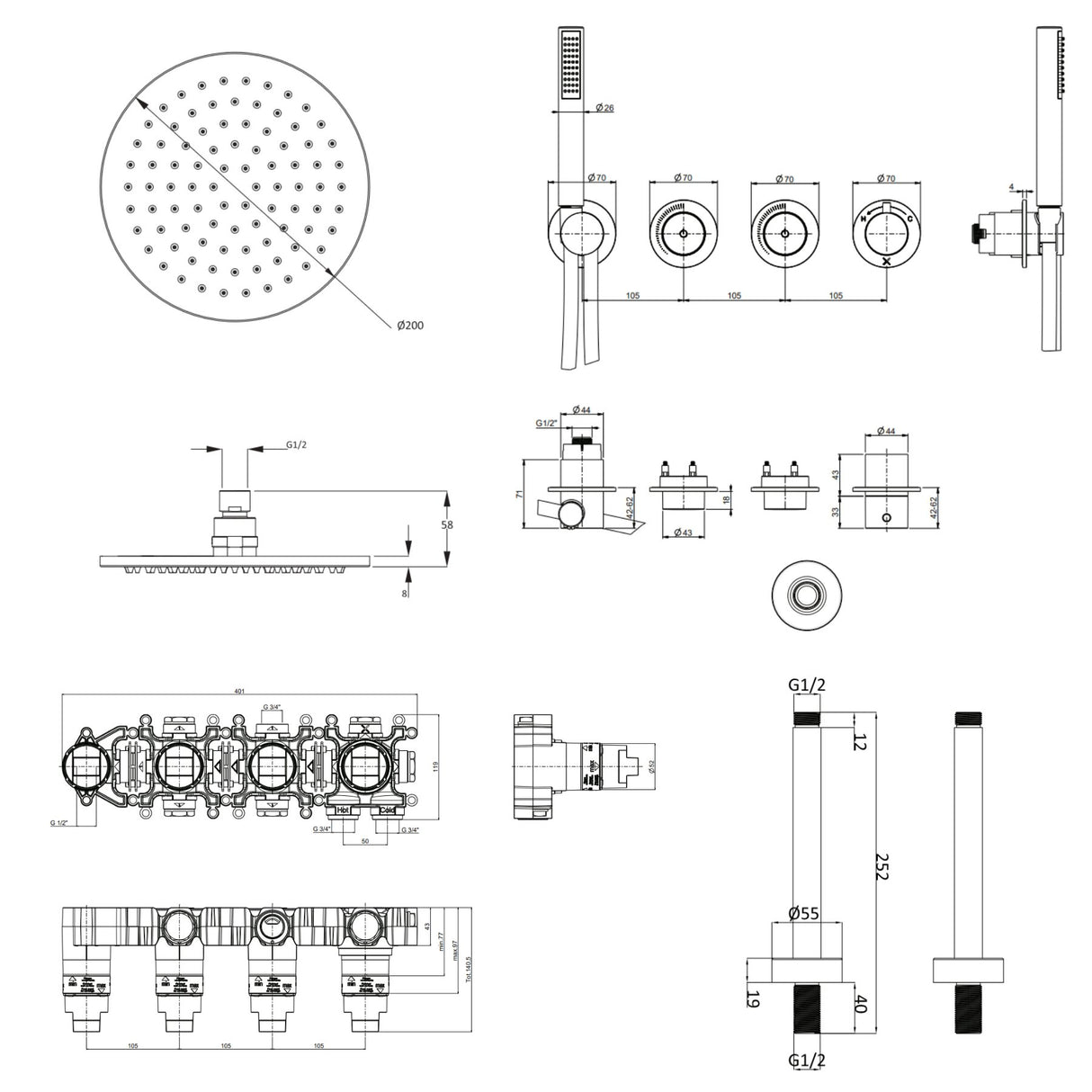 UK Bathroom Store Concealed Shower Set Crosswater Module Shower Set 8 - 2 Outlet with Pencil Handset and Overhead Shower