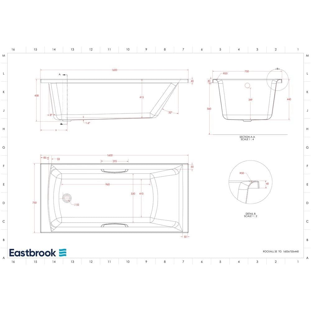 Eastbrook Single Ended Bath 1600 x 750mm / Reinforced Eastbrook Rockall Single Ended Bath with Twin Grips