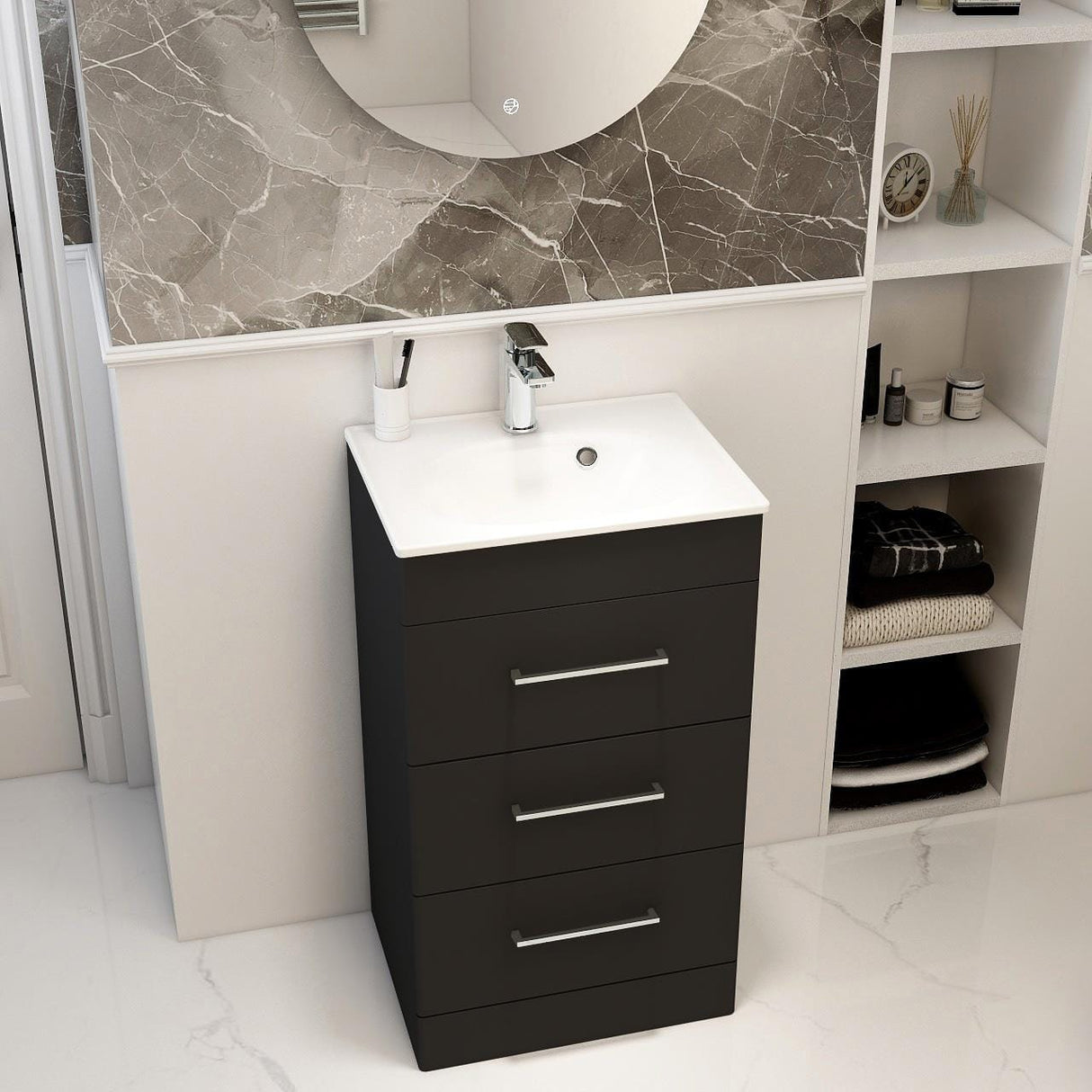 Imex Floor Standing Vanity Unit Matt Black / White Imex Croma Floor Standing Three Door 500mm Vanity Unit with 1 Tap Hole Basin