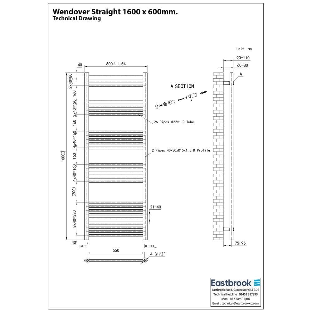 Eastbrook Ladder Rails Eastbrook Wendover Straight Heated Towel Rail in Anthracite