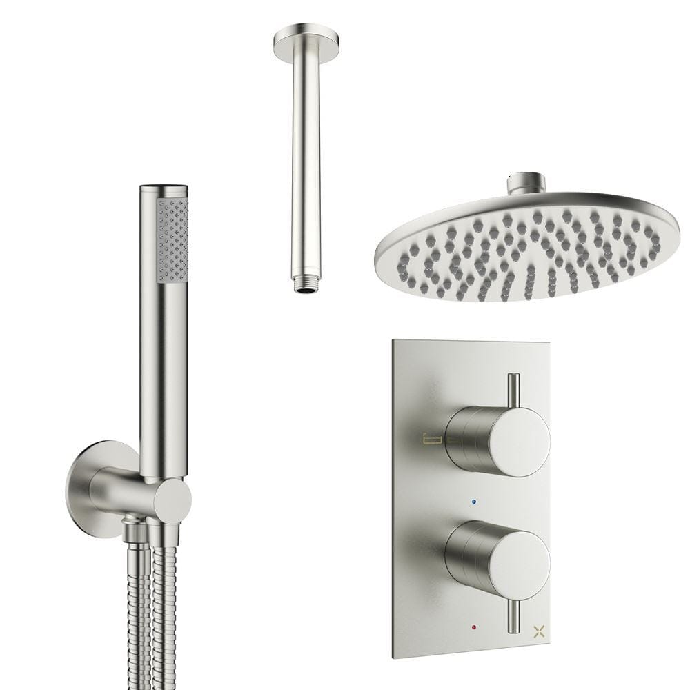 Crosswater Concealed Shower Set Brushed Nickel / Ceiling Arm / 200mm Crosswater Design 2 Handle 2 Outlet Thermostatic Shower Set with Rainfall Head and Pencil Handset