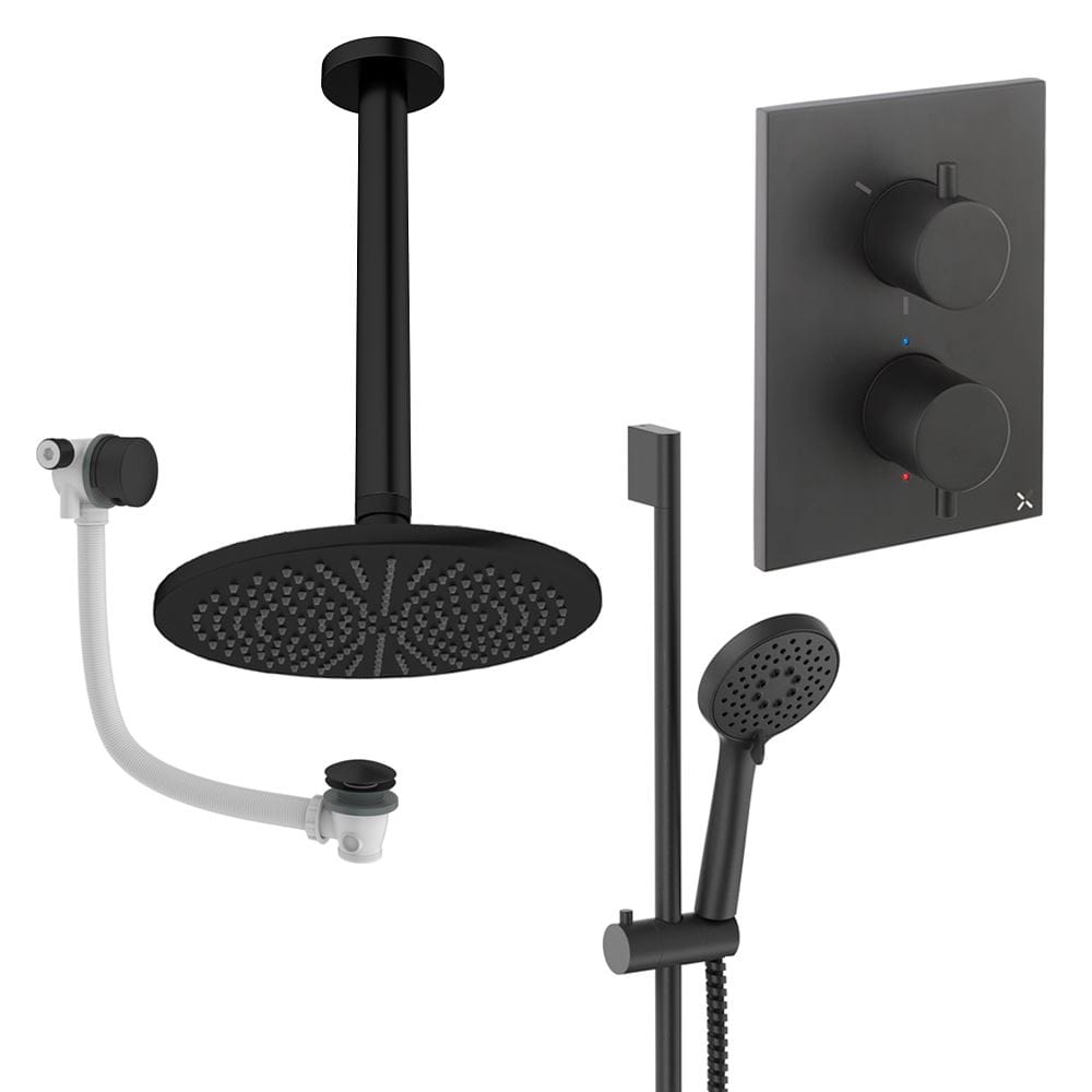 UK Bathroom Store Concealed Shower Set Matt Black / Ceiling Arm / 300mm Crosswater Crossbox Shower Set 10 - 3 Outlet with Fixed Overhead Shower, Slide Rail Kit and Overflow Bath Filler Waste