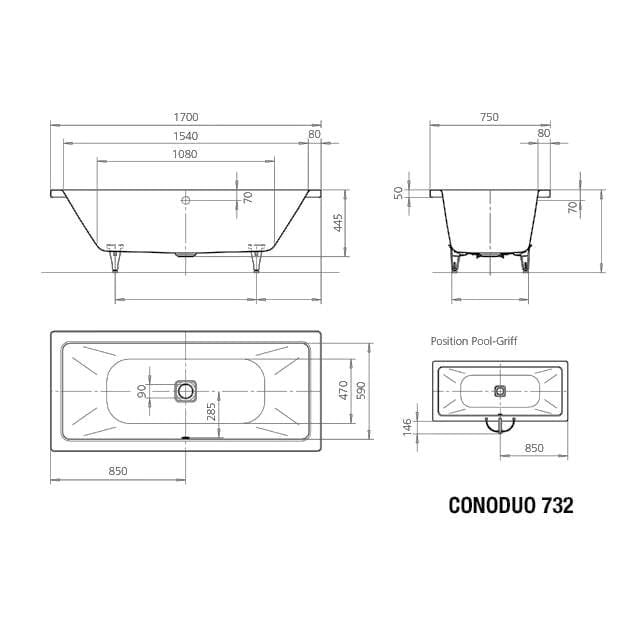 Kaldewei Double Ended Bath Kaldewei Conoduo Double Ended Steel Bath with Leg Set