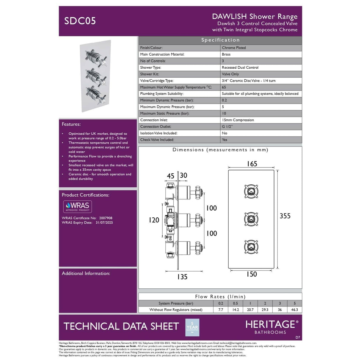Heritage Concealed Shower Valve Heritage Dawlish Concealed Thermostatic 2 Outlet, 3 Handle Shower Valve in Chrome
