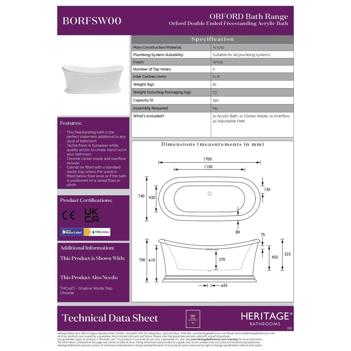 Heritage Roll Top and Slipper Freestanding Bath Heritage Orford Freestanding Acrylic Double Ended Bath - 1700mm x 740mm - White