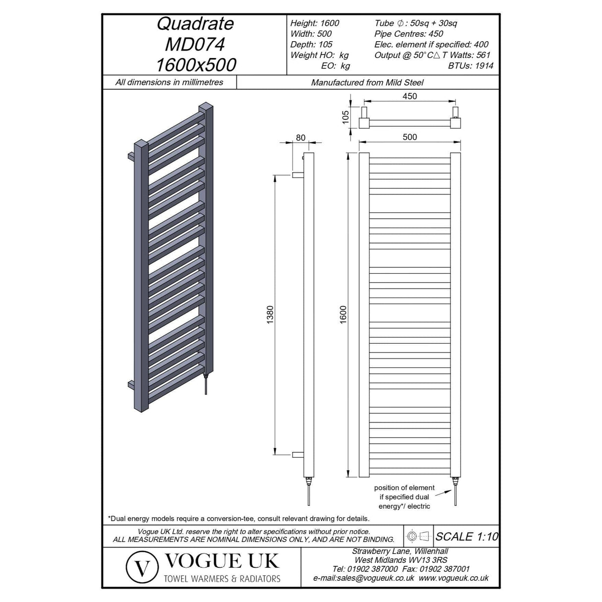 Vogue Designer Towel Radiator 1600 x 500 / Dual Fuel Vogue Quadrate Straight Designer Towel Radiator in Chrome