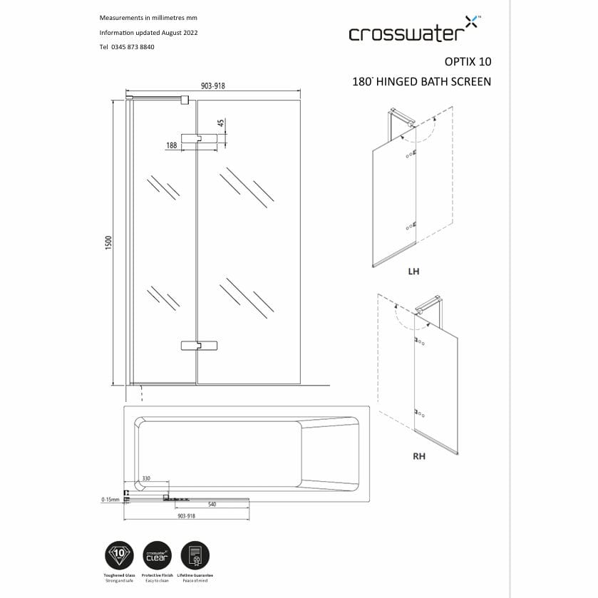 Crosswater Bath Screen Slate / Right Handed / 180 Degree Opening Crosswater Optix 10 Bathscreen Single with Inline Panel 900mm