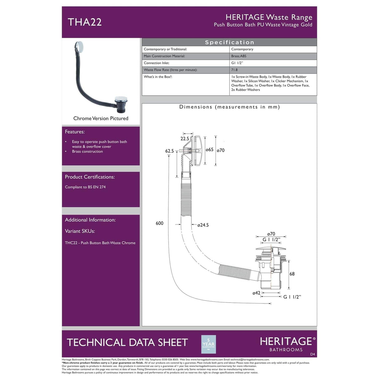 Heritage Bath Waste Heritage Push Button Bath Waste