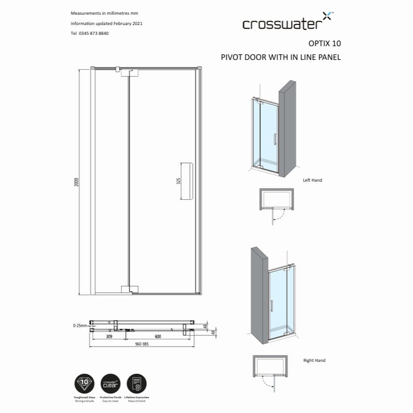 Crosswater Pivot Shower Door Crosswater Optix 10 10 Pivot Shower Door with Inline Panel