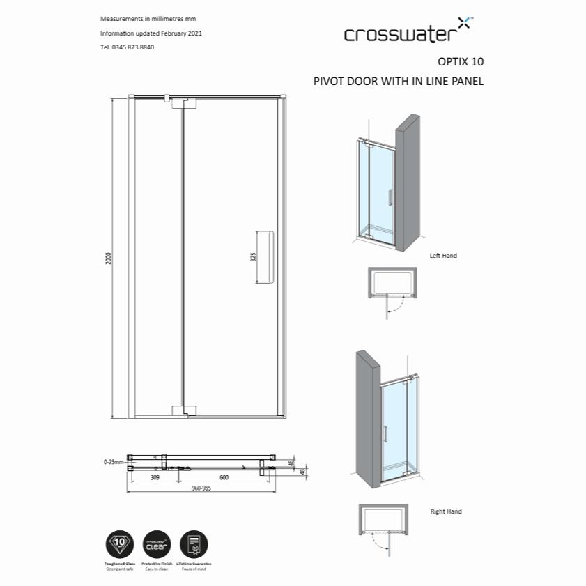 Crosswater Pivot Shower Door Crosswater Optix 10 Pivot Door with Inline 1000mm in Brushed Brass