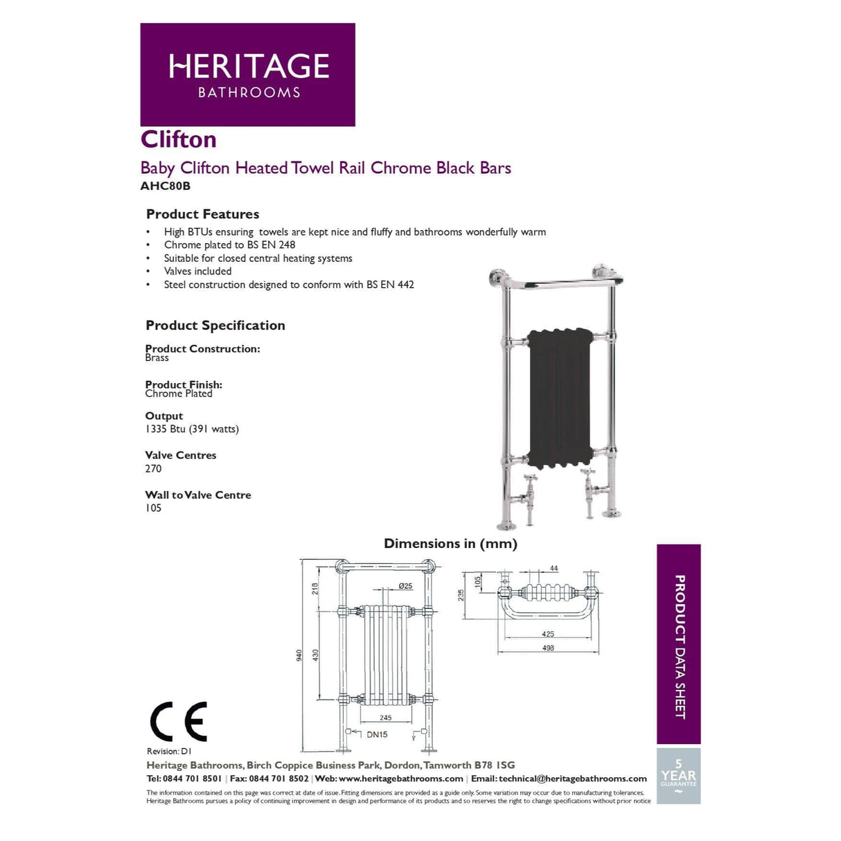 Heritage Traditional Towel Radiator Heritage Baby Clifton Traditional Straight Vertical Heated Towel Radiator - 940 x 498mm - Chrome/Black