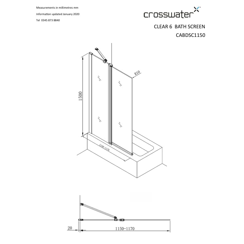 Crosswater Bath Screen Crosswater Clear 6 Double Panel Bath Screen - 1150mm - Silver