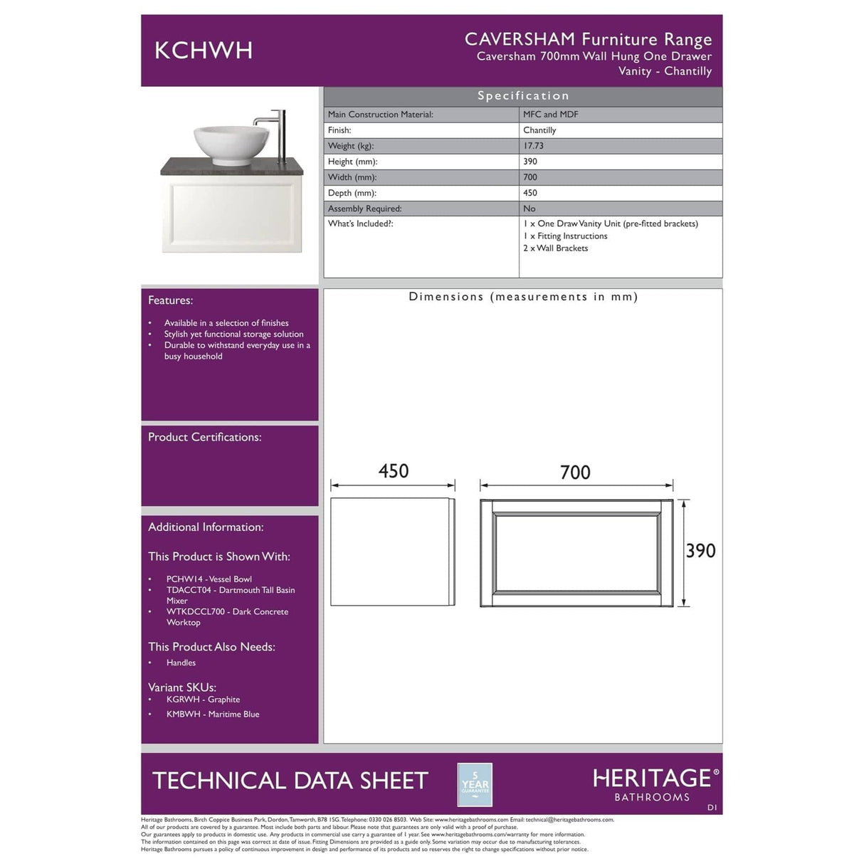 Heritage Wall Mounted Vanity Unit Heritage Caversham Wall Mounted Vanity Unit with Basin or Worktop - 700mm - One Drawer