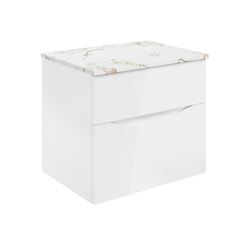 Crosswater Wall Mounted Vanity Unit White Gloss / Gold Vein Estatuario / 600mm Crosswater Glide II 2 Drawer Vanity Unit with Worktop