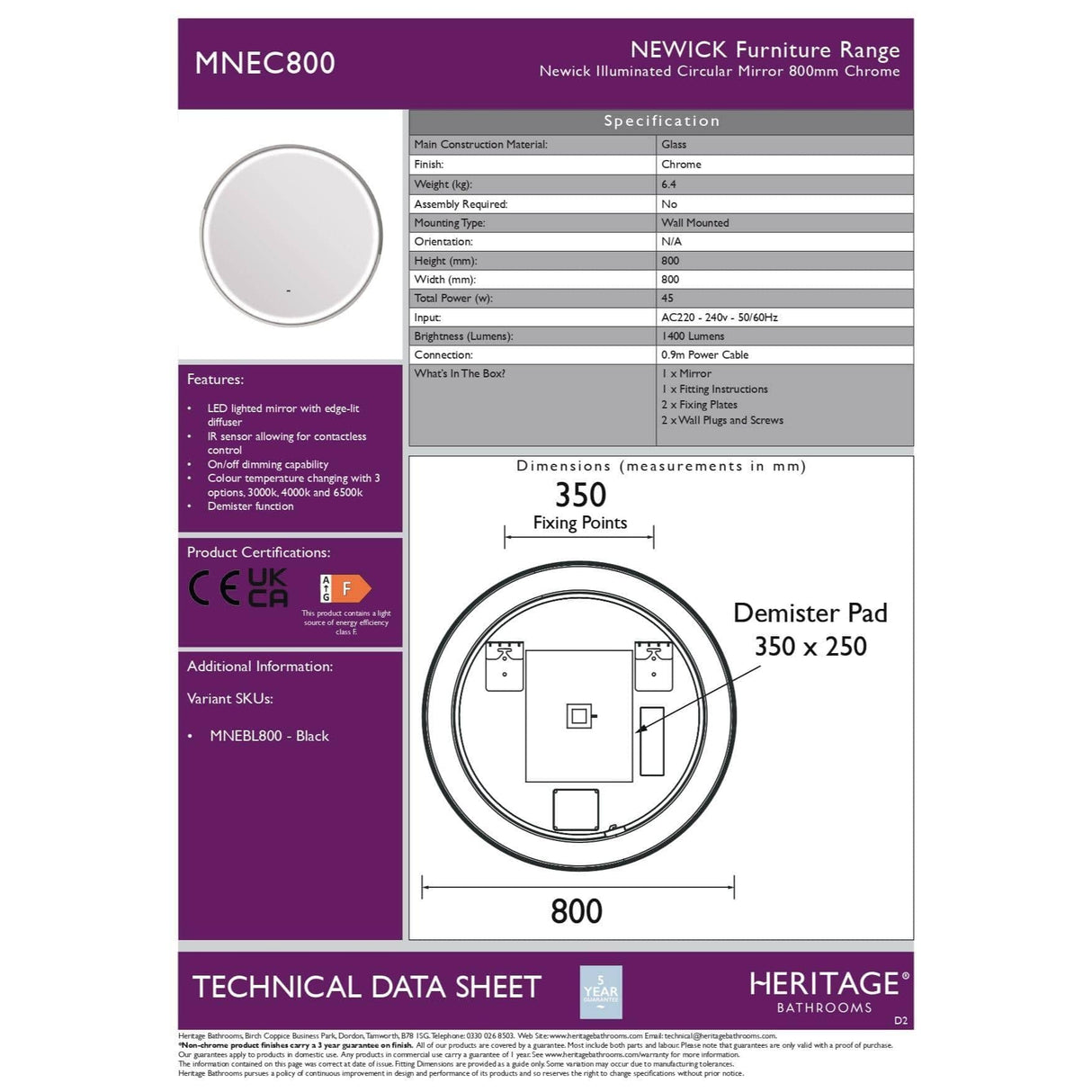 Heritage Illuminated Mirror Heritage Newick Illuminated Circular Mirror with Demister