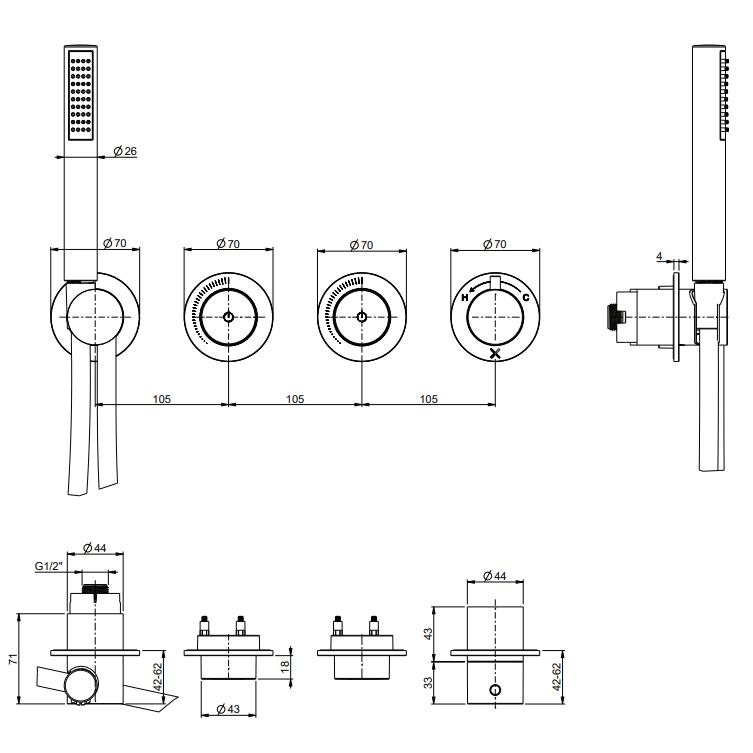 UK Bathroom Store Concealed Shower Set Crosswater Module Plus Push Shower Set 2 - 2 Outlet with Revive Steel Overhead and Pencil Handset