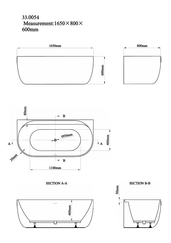 Eastbrook Back To Wall Freestanding Bath Eastbrook Grafton D-Shape Freestanding Bath - 1650 x 800mm in Gloss White