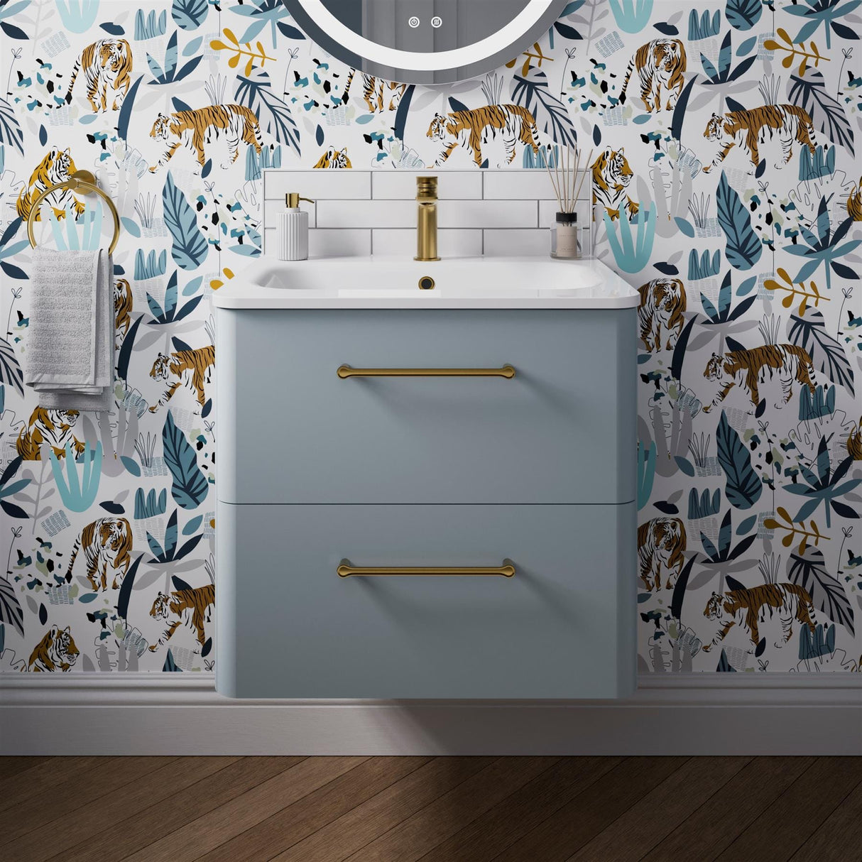 Britton Wall Mounted Vanity Unit Dusty Blue / 1 Tap Hole Basin / Brushed Brass Britton Camberwell Wall Mounted 600mm Vanity Unit with Basin or Worktop