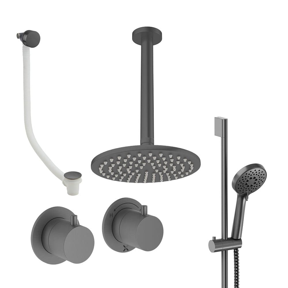 UK Bathroom Store Concealed Shower Set Slate / Ceiling Arm / 200mm Crosswater Module Shower Set 7 - 3 Outlet with Riser Rail Kit, Overhead Shower and Overflow Bath Filler