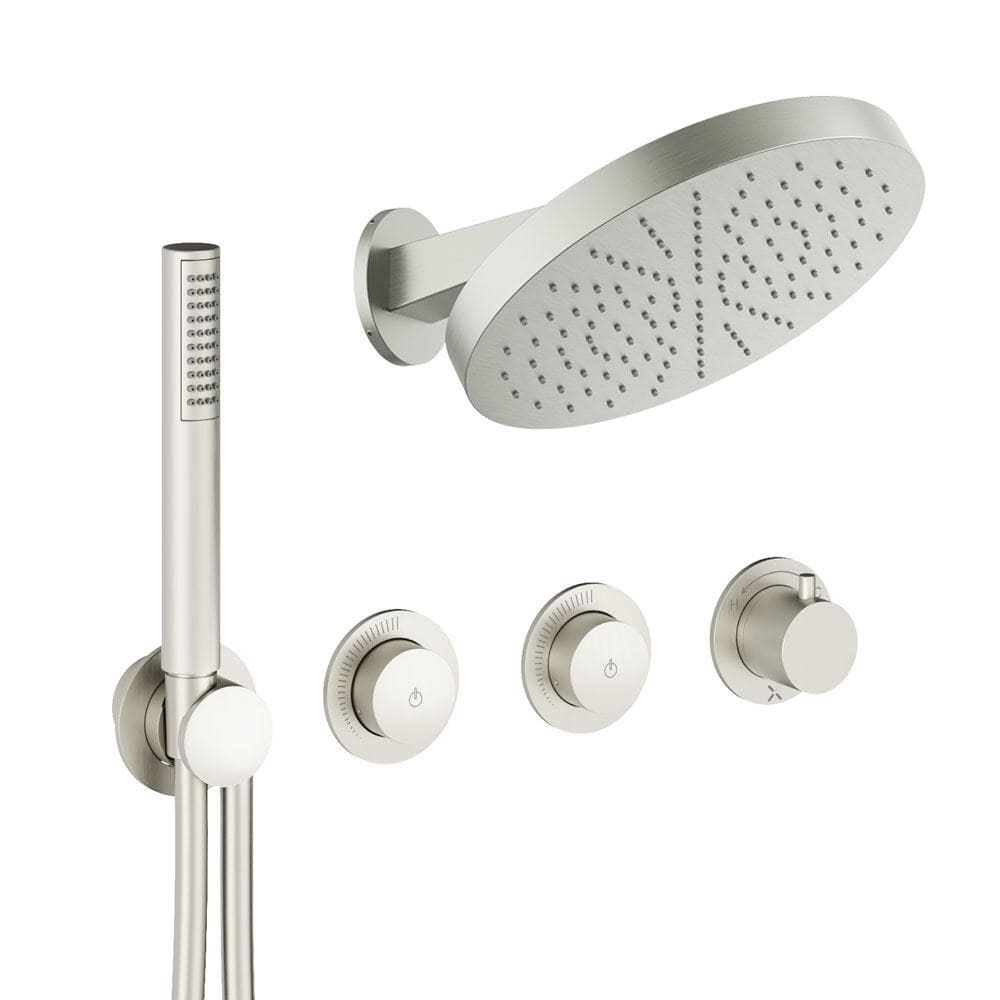 UK Bathroom Store Concealed Shower Set Brushed Nickel Crosswater Module Plus Push Shower Set 2 - 2 Outlet with Revive Steel Overhead and Pencil Handset
