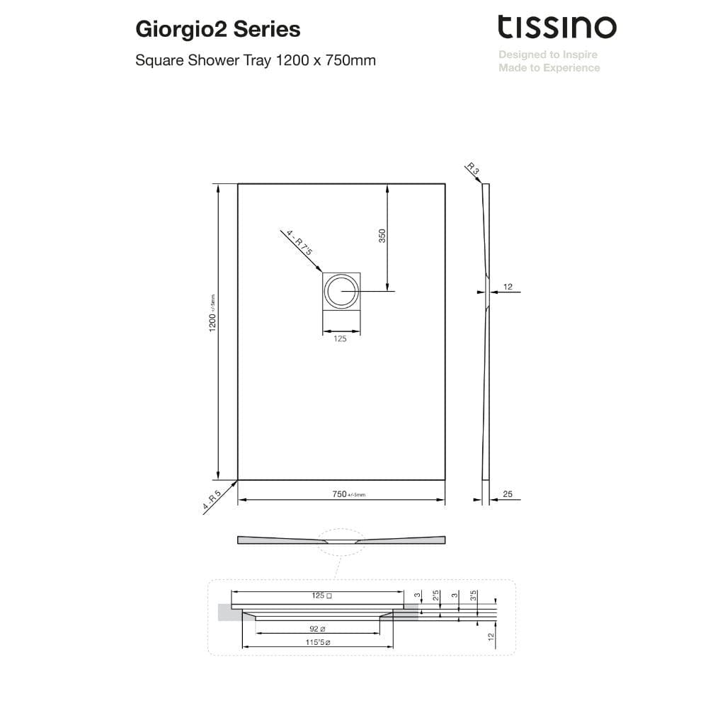 Tissino Rectangle Shower Tray 1200 x 750mm Tissino Giorgio2 Rectangle Shower Tray in Graphite Slate