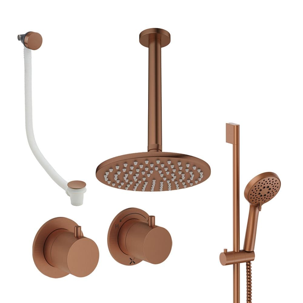 UK Bathroom Store Concealed Shower Set Brushed Bronze / Ceiling Arm / 200mm Crosswater Module Shower Set 7 - 3 Outlet with Riser Rail Kit, Overhead Shower and Overflow Bath Filler