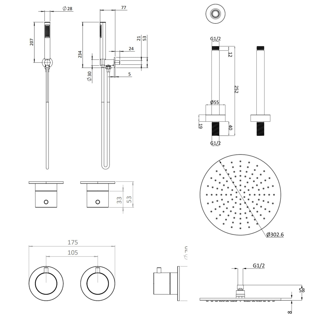 UK Bathroom Store Concealed Shower Set Crosswater Module Shower Set 1 with Fixed Head and Pencil Handset