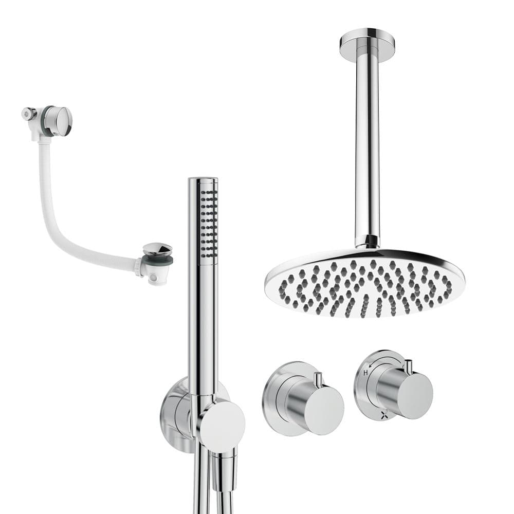UK Bathroom Store Concealed Shower Set Chrome / Ceiling Arm / 200mm Crosswater Module Shower Set 9 - 3 Outlet with Pencil Handset, Overhead Shower and Overflow Filler