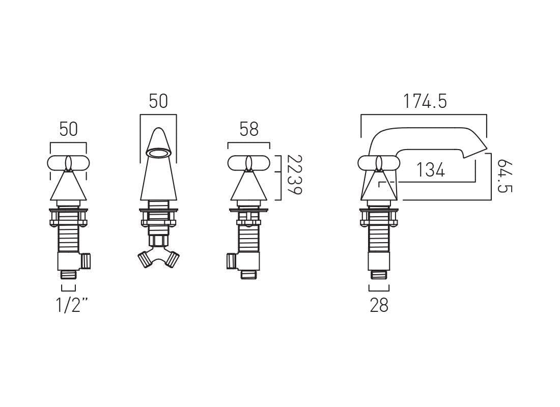 VADO 3 Tap Hole Basin Set Vado Arrondi 3 Hole Cross Handle Basin Mixer Tap in Chrome