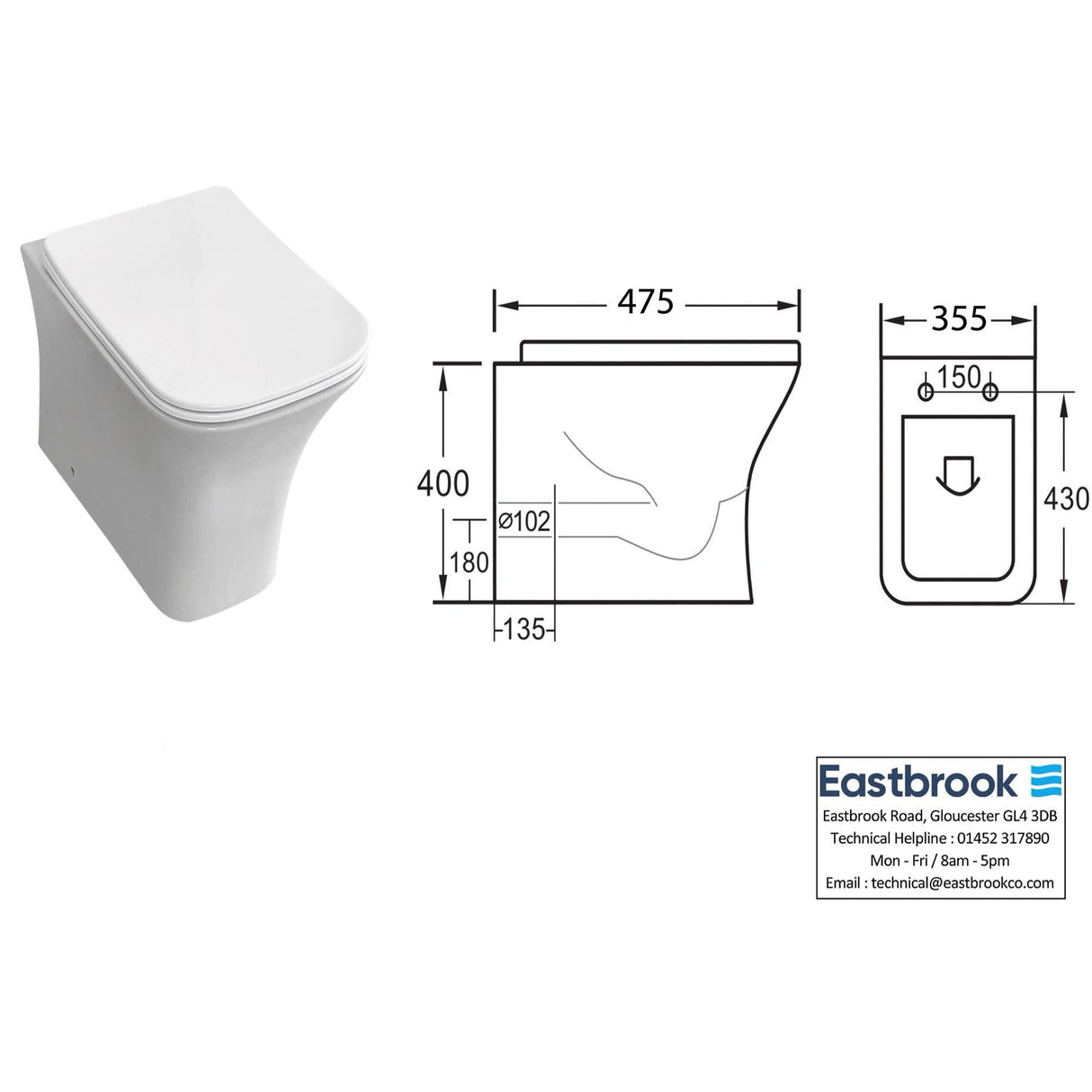 Eastbrook Beddington Rimless Back To Wall Toilet with Eco Vortex Flush and Soft Close Seat