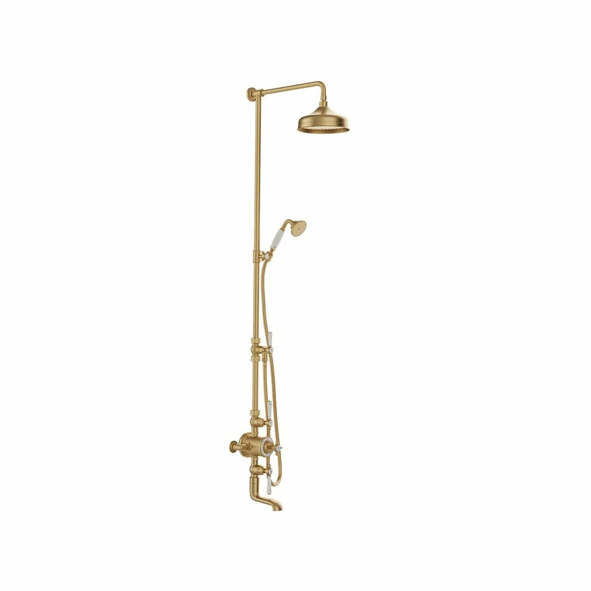 Vado Exposed Shower Set Brushed Brass/Crackled White Booth & Co. Axbridge Exposed 3 Outlet Shower Set with Fixed Shower Head, Handset and Bath Spout