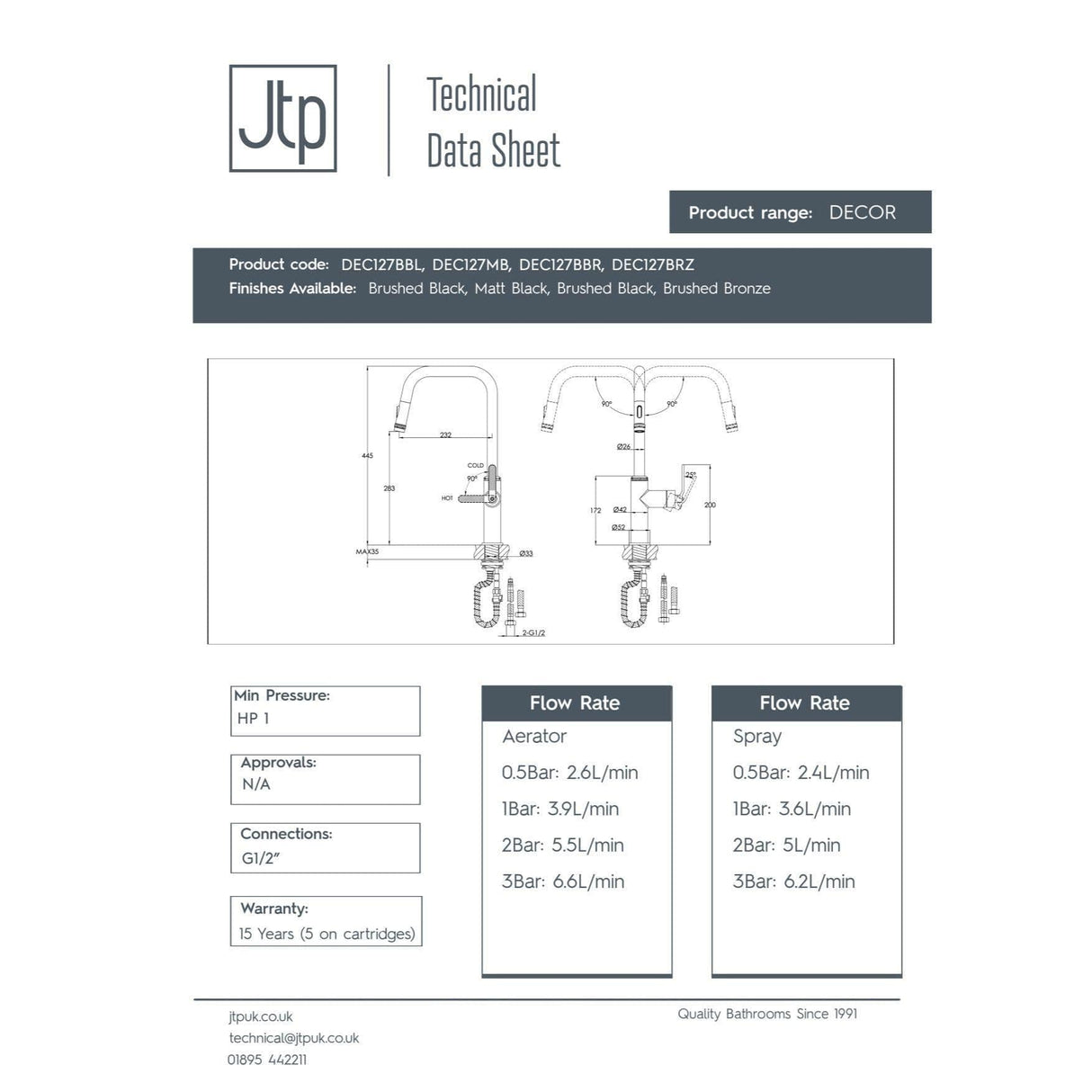 JTP Kitchen Tap JTP Decor Single Lever Pull Out Kitchen Mixer Tap