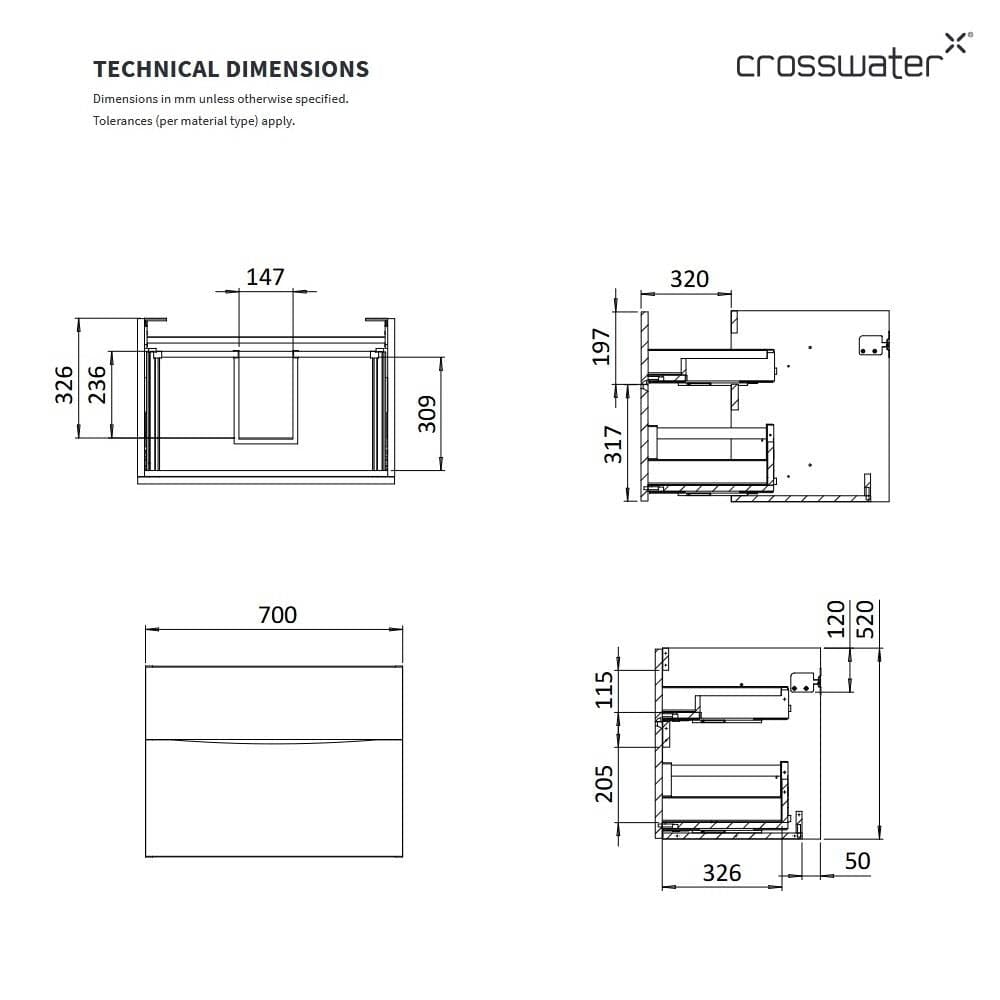Crosswater Wall Mounted Vanity Unit Crosswater Glide II 2 Drawer Vanity Unit with Basin