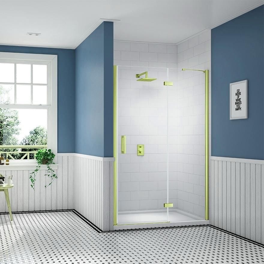 Merlyn Hinged Shower Door Brushed Brass / 1400 adj (1360-1400mm) Merlyn Ionic Essence Frameless Hinged Shower Door and Inline Panel