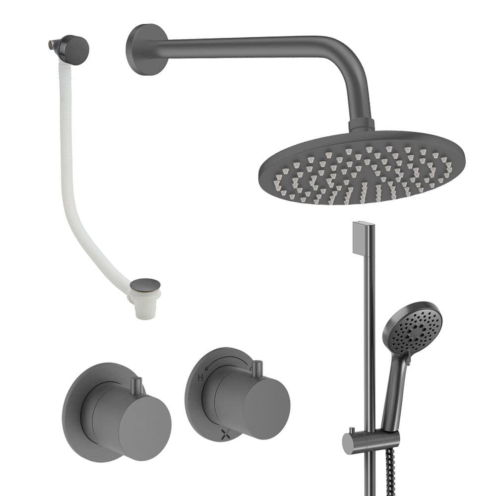 UK Bathroom Store Concealed Shower Set Slate / Wall Arm / 200mm Crosswater Module Shower Set 7 - 3 Outlet with Riser Rail Kit, Overhead Shower and Overflow Bath Filler