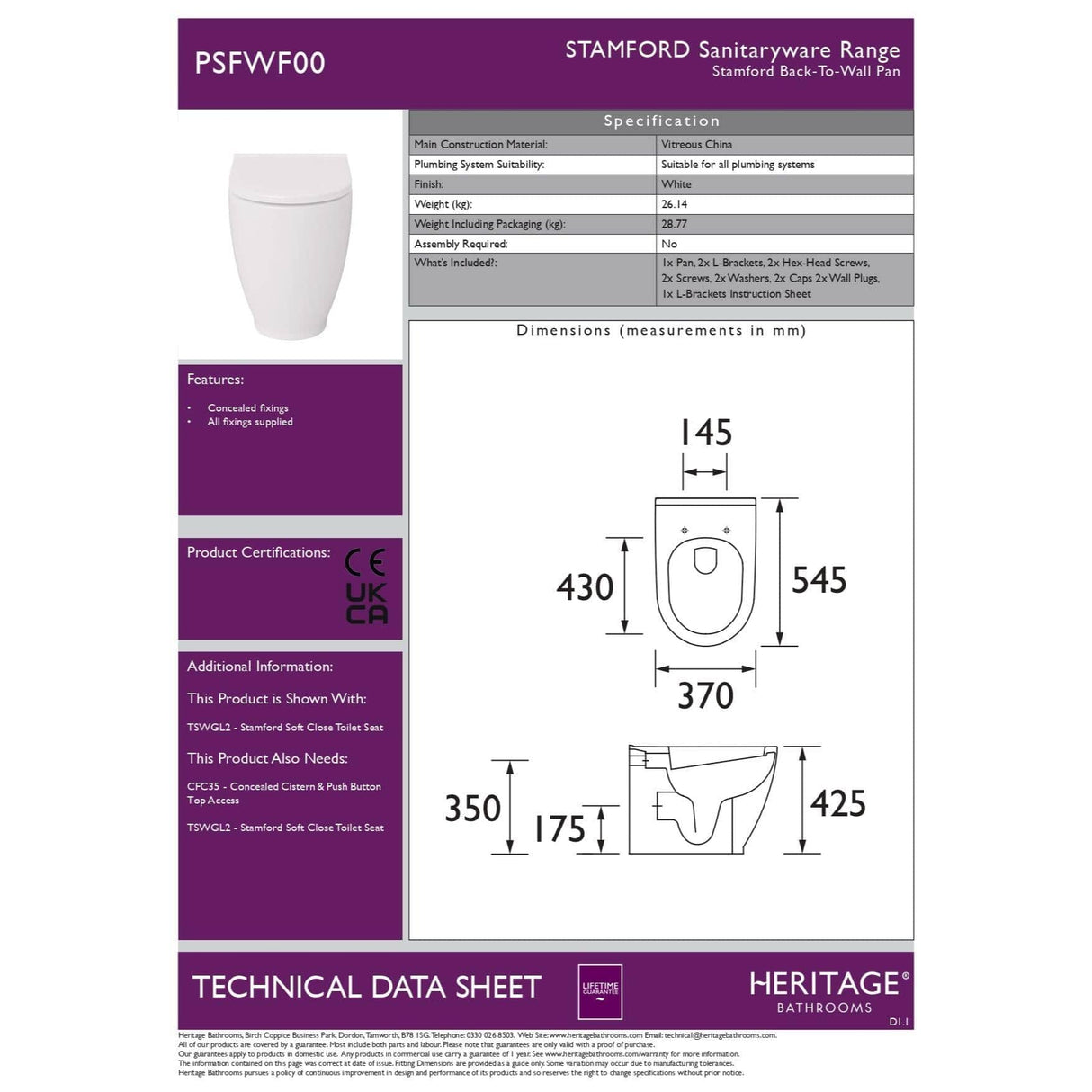 Heritage Back to Wall Toilet Heritage Stamford Back to Wall Toilet with Soft Close Seat