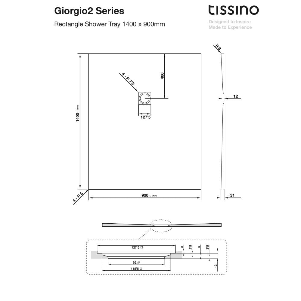 Tissino Rectangle Shower Tray 1400 x 900mm Tissino Giorgio2 Rectangle Shower Tray in Graphite Slate