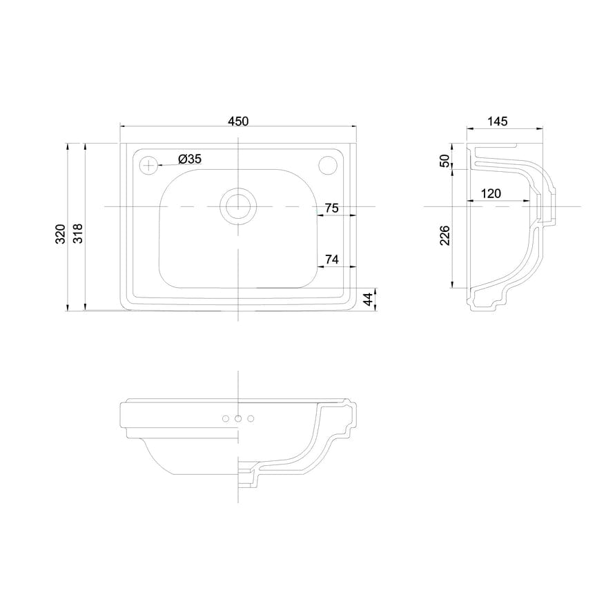 Burlington Cloakroom Basin Burlington Riviera 450mm 2 Tap Hole Cloakroom Basin in Gloss White